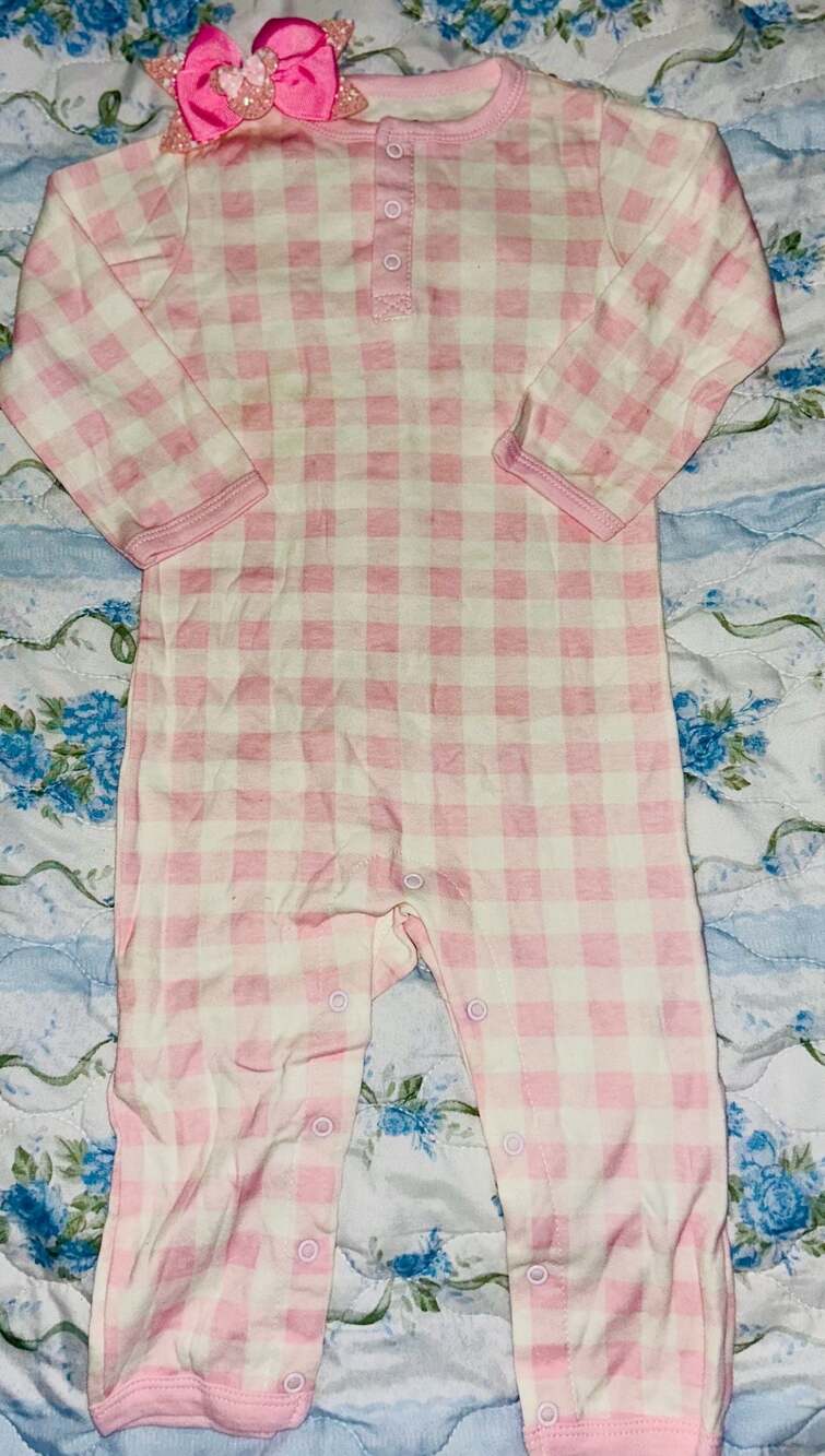 HB Pink and White Gingham Pattern Long Sleeve Infant Sleep and Play with Bow Det